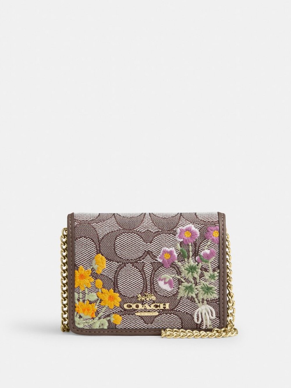 Coach Outlet Mini Wallet On A Chain In Signature Jacquard With Floral Embroidery